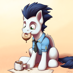 Size: 4000x4000 | Tagged: safe, artist:ohemo, character:soarin', species:pegasus, species:pony, g4, absurd resolution, clothing, coffee, cute, donut, food, male, mouth hold, sitting, soarinbetes, solo, uniform, wonderbolts dress uniform