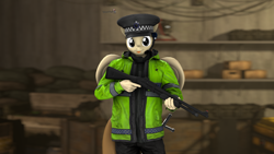 Size: 1920x1080 | Tagged: safe, artist:spinostud, oc, oc:coffe, species:anthro, g4, 3d, blep, box, clothing, crate, female, gun, hat, looking at you, m870, police, police hat, police officer, police uniform, sandbag, shotgun, solo, source filmmaker, tongue out, weapon