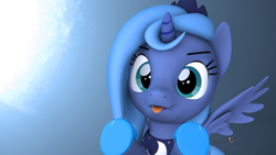 Size: 1920x1080 | Tagged: source needed, safe, artist:spinostud, character:princess luna, species:alicorn, species:pony, g4, 3d, blep, clothing, crown, cute, female, filly, happy, jewelry, moon, necklace, raised hoof, regalia, shoes, solo, source filmmaker, spread wings, tongue out, weapons-grade cute, wings, woona, younger