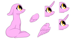 Size: 1920x1071 | Tagged: safe, artist:intfighter, oc, oc only, species:earth pony, species:pony, g4, bald, earth pony oc, floppy ears, horn, looking up, simple background, sitting, smiling, transparent background, wings