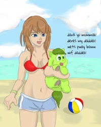 Size: 878x1101 | Tagged: safe, artist:carpdime, oc, oc only, oc:avocado, species:human, g4, absolute cleavage, beach, belly button, bikini, bikini top, breasts, cleavage, clothing, cute, fluffy pony, hugbox, shorts, sports shorts, swimsuit