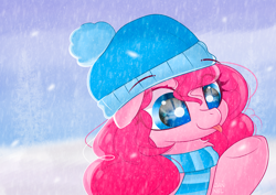 Size: 5787x4092 | Tagged: safe, artist:janelearts, character:pinkie pie, species:earth pony, species:pony, g4, clothing, hat, scarf, snow, snowfall, tongue out