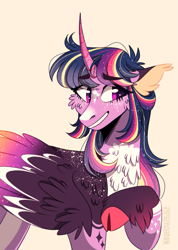 Size: 729x1024 | Tagged: safe, artist:wanderingpegasus, character:twilight sparkle, character:twilight sparkle (alicorn), species:alicorn, species:pony, g4, alternate hairstyle, chest fluff, cloven hooves, colored hooves, curved horn, cute, ear fluff, feathered fetlocks, female, freckles, grin, horn, mare, markings, raised hoof, redesign, simple background, smiling, solo, twiabetes, unshorn fetlocks, yellow background