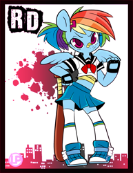 Size: 800x1035 | Tagged: safe, artist:lolopan, edit, character:rainbow dash, species:anthro, g4, alternate hairstyle, bandage, barrette, baseball bat, blood spray, clothing, color edit, colored, converse, female, fingerless gloves, gloves, midriff, miniskirt, pleated skirt, ponytail, school uniform, shoes, skirt, sneakers, socks, solo, tomboy, zettai ryouiki