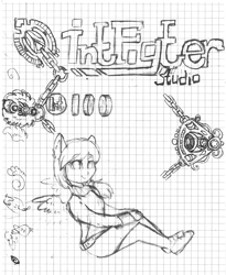 Size: 1944x2368 | Tagged: safe, artist:intfighter, oc, oc only, species:anthro, species:pegasus, species:pony, g4, clothing, graph paper, lineart, pegasus oc, shoes, shorts, sitting, smiling, traditional art, wings