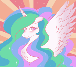 Size: 1132x998 | Tagged: safe, artist:purfectprincessgirl, character:princess celestia, species:alicorn, species:pony, g4, abstract background, blushing, chest fluff, female, mare, signature, smiling, solo, spread wings, wings