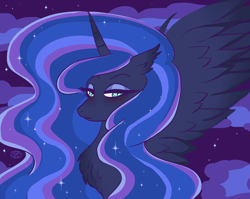 Size: 3128x2496 | Tagged: safe, artist:purfectprincessgirl, character:princess luna, species:alicorn, species:pony, g4, bust, cloud, ethereal mane, eyeshadow, female, galaxy mane, lidded eyes, makeup, mare, night, portrait, signature, sky, slit pupils, solo, spread wings, stars, wings