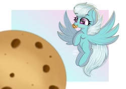 Size: 2560x1810 | Tagged: safe, artist:janelearts, character:fleetfoot, species:pegasus, species:pony, g4, cookie, cute, diafleetes, eating, female, flying, food, mare, missing cutie mark, mouth hold, smiling, solo, spread wings, wings