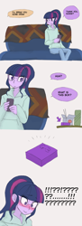 Size: 1024x2807 | Tagged: safe, artist:haibaratomoe, character:twilight sparkle, character:twilight sparkle (scitwi), species:eqg human, g4, my little pony:equestria girls, blushing, blushing profusely, cellphone, comic, female, fingering, food, glasses, imminent fingering, implied lesbian, implied scitwishimmer, implied shipping, implied sunset shimmer, phone, ribbed for her pleasure, sex