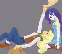 Size: 2273x1986 | Tagged: safe, artist:haibaratomoe, character:applejack, character:rarity, ship:rarijack, g4, my little pony:equestria girls, clothing, cowboy hat, eyes closed, female, gray background, hat, lesbian, looking down, shipping, simple background, smiling