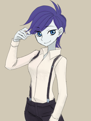 Size: 3024x4032 | Tagged: safe, alternate version, artist:haibaratomoe, character:rarity, species:eqg human, g4, my little pony:equestria girls, alternate hairstyle, female, simple background, solo, suspenders, tan background