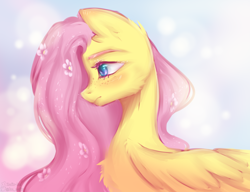 Size: 2600x2000 | Tagged: safe, artist:zefirka, character:fluttershy, species:pegasus, species:pony, g4, blushing, bust, chest fluff, cute, female, flower, flower in hair, freckles, high res, mare, profile, shyabetes, solo, wings
