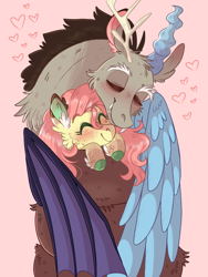 Size: 768x1024 | Tagged: safe, artist:wanderingpegasus, character:discord, character:fluttershy, species:draconequus, species:pony, ship:discoshy, g4, blushing, cheek fluff, coiling, coils, colored hooves, cute, ear fluff, eyes closed, female, heart, hoof fluff, hug, male, mare, pink background, shipping, simple background, smiling, straight, stray strand, winghug