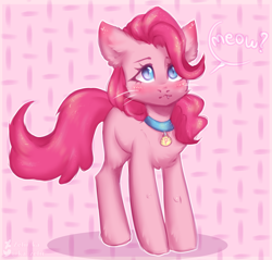 Size: 2092x2000 | Tagged: safe, artist:zefirka, character:pinkie pie, g4, bell, bell collar, cat, cat bell, catified, collar, meow, pinkie cat, species swap, talking to viewer