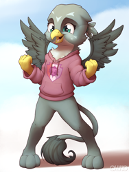 Size: 3000x4000 | Tagged: safe, artist:ohemo, character:gabby, species:griffon, g4, bipedal, chest fluff, clenched fist, clothing, cute, female, gabbybetes, hoodie, semi-anthro, smiling, solo, spread wings, wings