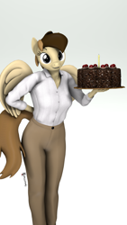 Size: 1080x1920 | Tagged: safe, artist:spinostud, oc, oc:coffe, species:anthro, g4, 3d, cake, clothing, food, looking at you, pants, portal (valve), shirt, solo, source filmmaker, the cake is a lie