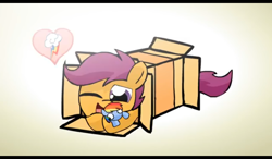 Size: 1024x600 | Tagged: safe, artist:alfa995, character:rainbow dash, character:scootaloo, species:pegasus, species:pony, g4, box, female, hoof hold, implied lesbian, implied scootadash, implied shipping, one eye closed, plushie, pony in a box, rainbow dash plushie, rainbow dash's cutie mark, shipping fuel