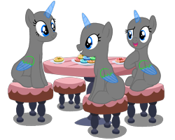 Size: 1350x1080 | Tagged: safe, artist:intfighter, oc, oc only, species:alicorn, species:pony, g4, alicorn oc, bald, base, eyelashes, food, group, hooves to the chest, horn, open mouth, plate, simple background, sitting, smiling, stool, transparent background, two toned wings, wings