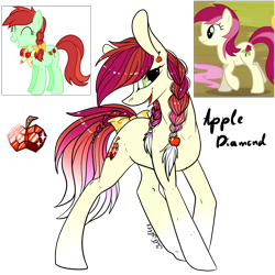 Size: 1200x1200 | Tagged: safe, artist:intfighter, character:candy apples, character:roseluck, oc, parent:roseluck, species:earth pony, species:pony, g4, bow, braid, female, magical lesbian spawn, mare, offspring, open mouth, parent:candy apples, parents:candyluck, raised tail, screencap reference, signature, simple background, smiling, solo, tail, tail bow, transparent background