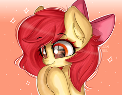 Size: 2312x1810 | Tagged: safe, artist:janelearts, character:apple bloom, species:earth pony, species:pony, g4, adorabloom, bow, cute, ear fluff, female, filly, hair bow, signature, smiling, solo, underhoof