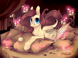 Size: 2828x2121 | Tagged: safe, artist:intfighter, oc, oc only, species:pegasus, species:pony, g4, bed, candle, hybrid, indoors, looking at you, lying down, not fluttershy, pegasus oc, pillow, prone, slit eyes, solo, wings