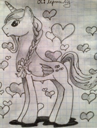 Size: 779x1024 | Tagged: safe, artist:intfighter, oc, oc only, species:alicorn, species:pony, g4, alicorn oc, braid, graph paper, heart, horn, lineart, solo, traditional art, wings
