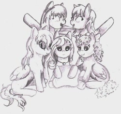 Size: 1083x1024 | Tagged: safe, artist:intfighter, oc, oc only, species:pegasus, species:pony, g4, eyes closed, group, jewelry, necklace, pegasus oc, sitting, smiling, traditional art, wings