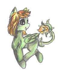 Size: 1330x1278 | Tagged: safe, artist:intfighter, oc, oc only, species:pony, g4, augmented tail, closed species, looking back, original species, plant, plant pony, smiling, traditional art, wings