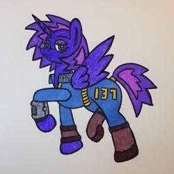 Size: 1024x1024 | Tagged: safe, artist:dice-warwick, oc, oc only, oc:berry blast, species:alicorn, species:pony, fallout equestria, g4, artificial alicorn, boots, pipbuck, purple alicorn (fo:e), shoes, solo, stable barding, stable jumpsuit, stable-tec, traditional art, two toned mane, two toned tail