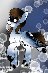 Size: 516x782 | Tagged: safe, artist:intfighter, oc, species:pegasus, species:pony, g4, abstract background, colored hooves, pegasus oc, raised hoof, smiling, solo, wings