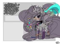 Size: 1280x927 | Tagged: safe, artist:intfighter, oc, oc only, species:alicorn, species:pony, g4, alicorn oc, blushing, ear piercing, earring, eye scar, flower, flower in hair, freckles, grin, horn, jewelry, piercing, scar, signature, smiling, solo, wings
