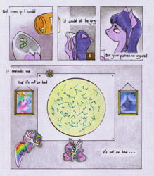 Size: 1195x1364 | Tagged: safe, artist:pandan009, character:princess celestia, character:princess luna, oc, oc:cosmia nebula, g4, apartment, bed, blanket, bust, comic, constellation, cup, drinking, food, lonely, pillow, pills, portrait, sad, solo, song reference, star chart, sticker, tea, tired, traditional art, window
