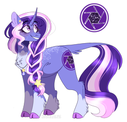 Size: 1020x980 | Tagged: safe, artist:wanderingpegasus, oc, oc only, parent:starlight glimmer, parent:trixie, parents:startrix, species:pony, species:unicorn, g4, braid, chest fluff, cloven hooves, cutie mark, ear fluff, female, jewelry, leonine tail, magical lesbian spawn, mare, necklace, offspring, simple background, smiling, solo