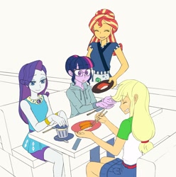 Size: 1620x1633 | Tagged: safe, artist:haibaratomoe, character:rarity, character:sunset shimmer, character:twilight sparkle, character:twilight sparkle (scitwi), species:eqg human, g4, my little pony:equestria girls, doodle, eyes closed, female, food, happy, open mouth, simple background, smiling, sushi, white background
