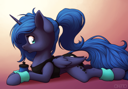 Size: 4000x2800 | Tagged: safe, artist:ohemo, character:princess luna, species:alicorn, species:pony, g4, alternate hairstyle, chest fluff, clothing, female, leg warmers, looking at you, lying down, mare, ponytail, prone, s1 luna, shirt, solo, water bottle