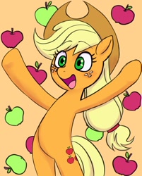 Size: 1264x1576 | Tagged: safe, artist:haibaratomoe, character:applejack, species:earth pony, species:pony, g4, apple, bipedal, cute, female, jackabetes, mare, open mouth, orange background, simple background, smiling, solo, that pony sure does love apples