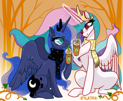 Size: 2603x2134 | Tagged: safe, artist:opalacorn, character:princess celestia, character:princess luna, species:alicorn, species:pony, g4, autumn, clothing, coffee, colored pupils, cute, duo, female, food, high res, latte, magic, mare, pumpkin spice, royal sisters, scarf, sisters, sitting, starbucks, telekinesis