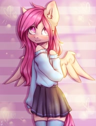 Size: 2000x2600 | Tagged: safe, artist:zefirka, oc, oc only, species:pegasus, species:pony, g4, clothing, female, pegasus oc, semi-anthro, skirt, solo, sweater, wings