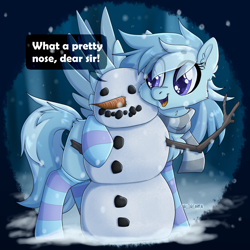 Size: 2000x2000 | Tagged: oc needed, safe, artist:dreamy, artist:littledreamycat, oc, oc only, species:pegasus, species:pony, g4, big eyes, carrot, clothing, cute, female, food, high res, mare, scarf, snow, snowfall, snowman, socks, solo, stockings, striped socks, thigh highs, winter