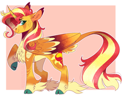 Size: 1168x907 | Tagged: safe, artist:wanderingpegasus, character:sunset shimmer, species:alicorn, species:pony, g4, alicornified, alternate hairstyle, chest fluff, curved horn, cute, ear fluff, female, horn, leg fluff, leonine tail, mare, markings, race swap, raised hoof, redesign, shimmerbetes, shimmercorn, smiling, solo, sunset shimmer day, unshorn fetlocks