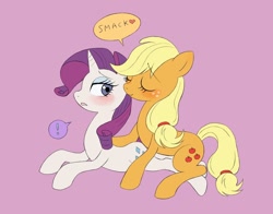 Size: 1620x1270 | Tagged: safe, artist:haibaratomoe, character:applejack, character:rarity, ship:rarijack, g4, blushing, exclamation point, eyes closed, female, kiss on the cheek, kissing, lesbian, pink background, shipping, simple background