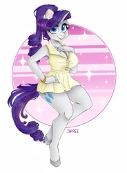 Size: 1920x2615 | Tagged: safe, artist:sk-ree, character:rarity, species:anthro, species:unguligrade anthro, species:unicorn, g4, alternate hairstyle, clothing, colored hooves, colored pupils, dress, eyelashes, female, hooves, looking at you, ponytail, signature, solo, unshorn fetlocks