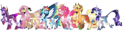 Size: 2300x584 | Tagged: safe, artist:wanderingpegasus, character:applejack, character:fluttershy, character:pinkie pie, character:rainbow dash, character:rarity, character:twilight sparkle, character:twilight sparkle (alicorn), species:alicorn, species:earth pony, species:pegasus, species:pony, species:unicorn, g4, alternate hairstyle, applejack's hat, bedroom eyes, blushing, chest fluff, clothing, cloven hooves, colored hooves, colored wings, cowboy hat, ear fluff, eyeshadow, female, flower, flower in hair, hat, leg fluff, makeup, mane six, mare, markings, multicolored wings, open mouth, raised hoof, raised leg, redesign, simple background, unshorn fetlocks, white background, wings