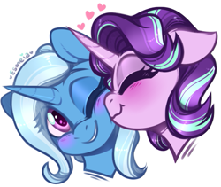 Size: 531x449 | Tagged: safe, artist:esmeia, character:starlight glimmer, character:trixie, species:pony, species:unicorn, ship:startrix, g4, blushing, bust, cute, diatrixes, duo, female, glimmerbetes, heart, lesbian, mare, one eye closed, shipping, simple background, white background, wink