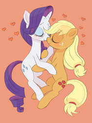 Size: 1620x2160 | Tagged: safe, artist:haibaratomoe, character:applejack, character:rarity, species:earth pony, species:pony, species:unicorn, ship:rarijack, g4, blushing, eyes closed, female, freckles, heart, holding hooves, lesbian, mare, missing accessory, orange background, shipping, simple background, snuggling