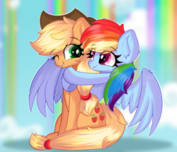 Size: 4694x4020 | Tagged: safe, artist:janelearts, character:applejack, character:rainbow dash, species:earth pony, species:pegasus, species:pony, ship:appledash, g4, applejack's hat, clothing, cowboy hat, cute, dashabetes, eye clipping through hair, eyebrows, eyebrows visible through hair, female, freckles, hat, hug, jackabetes, lesbian, looking at each other, mare, one eye closed, rainbow waterfall, shipping, sitting, smiling