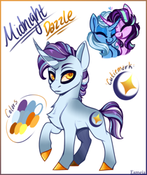 Size: 700x833 | Tagged: safe, artist:esmeia, character:starlight glimmer, character:trixie, oc, oc:midnight dazzle, parent:starlight glimmer, parent:trixie, parents:startrix, ship:startrix, g4, female, lesbian, magical lesbian spawn, male, offspring, shipping