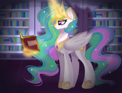 Size: 5312x4049 | Tagged: safe, artist:janelearts, character:princess celestia, species:alicorn, species:pony, g4, book, crown, hoof shoes, jewelry, magic, reading, regalia, telekinesis, tired, tired eyes