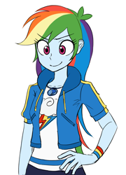 Size: 884x1230 | Tagged: safe, artist:haibaratomoe, character:rainbow dash, species:eqg human, g4, my little pony: equestria girls, my little pony:equestria girls, cute, dashabetes, eye clipping through hair, eyebrows, eyebrows visible through hair, female, geode of super speed, hand on hip, magical geodes, simple background, smiling, solo, white background