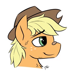 Size: 1280x1280 | Tagged: safe, artist:fakskis, character:applejack, species:earth pony, species:pony, g4, alternate hairstyle, applejack (male), applejack's hat, bandaid, chest fluff, clothing, cowboy hat, freckles, hat, male, plaster, rule 63, simple background, solo, white background